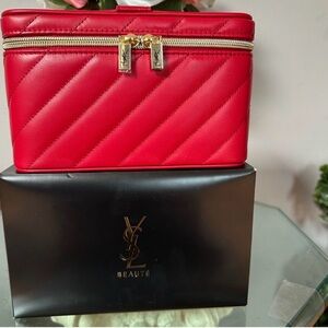 Saint Laurent Red Quilted Leather Cosmetic Case with Gold Hardware